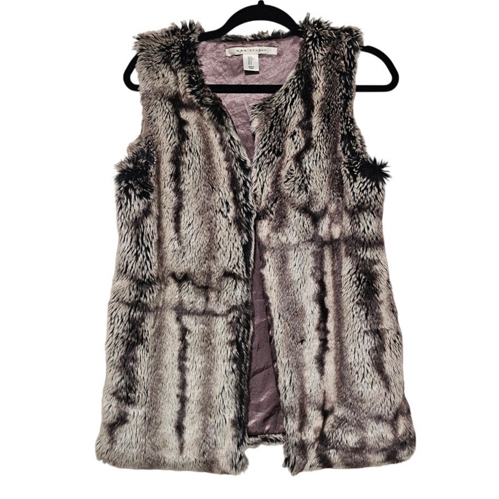Max Studio Faux Fur Vest Women S Grey Striped Glam Luxe Winter Layering Chic ~